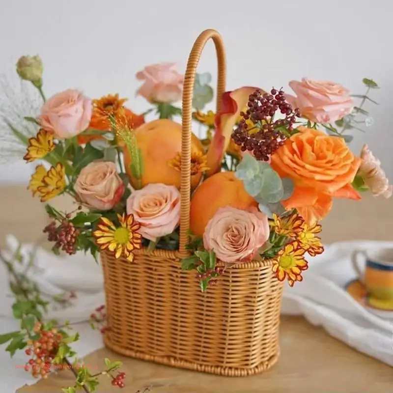 Lucrate manual, din Ratan Coș cu Mâner pentru Acasă Aranjament de Flori Uscate Flori, Plante Verzi Țesute Coșuri de Depozitare Nunta Grădină Imagine 1